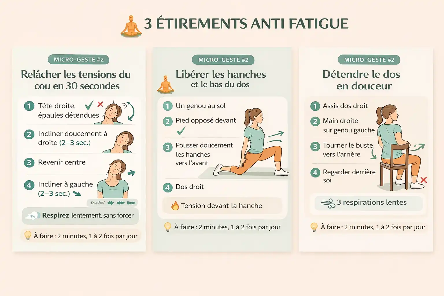 Infographie bien‑être femme 40‑50 ans, trois étirements anti‑fatigue : cou, hanches, dos, routine quotidienne micro‑habitudes énergie