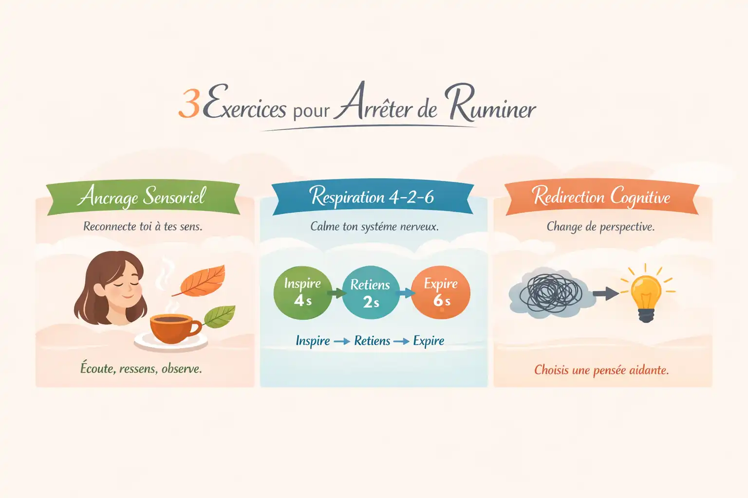 Infographie pastel illustrant trois exercices pour apaiser la rumination : ancrage sensoriel, respiration 4‑2‑6 et redirection cognitive