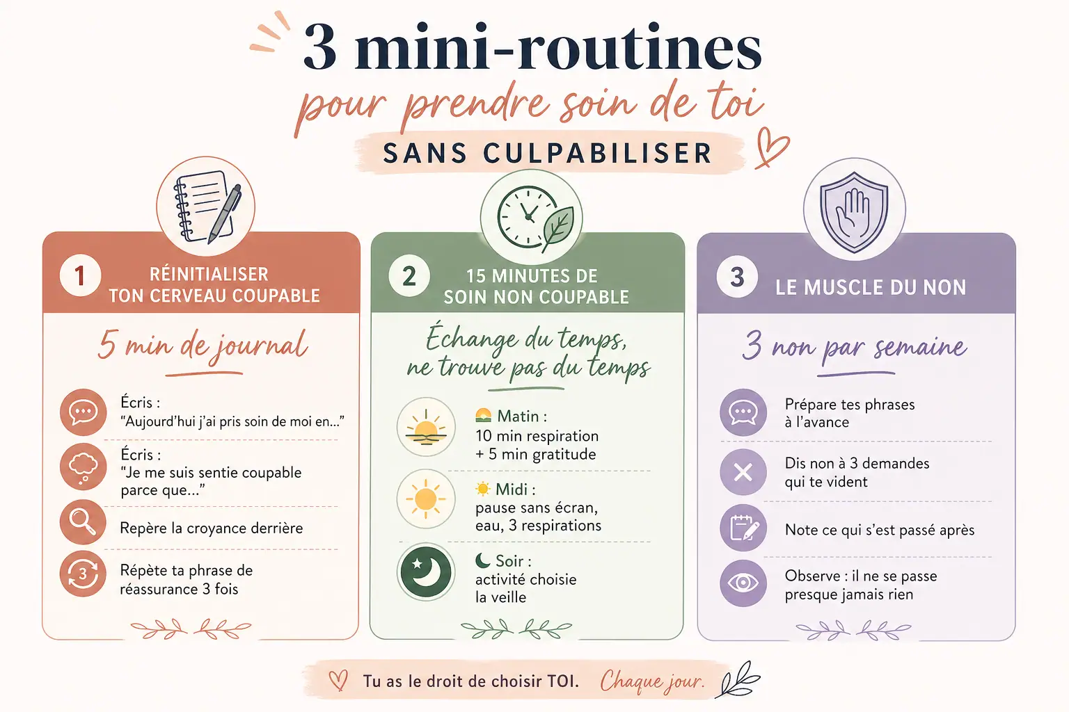 Infographie bien-être : 3 mini-routines pour prendre soin de soi sans culpabiliser