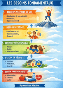 Pyramide de Maslow illustrant les besoins fondamentaux pour le bien-être holistique : besoins physiologiques (alimentation, sommeil, santé), besoin de sécurité (stabilité, protection), besoin d’appartenance (amour, amitié, relations sociales), besoin d’estime (confiance en soi, reconnaissance, respect) et accomplissement de soi (réalisation de son potentiel, créativité, épanouissement)
