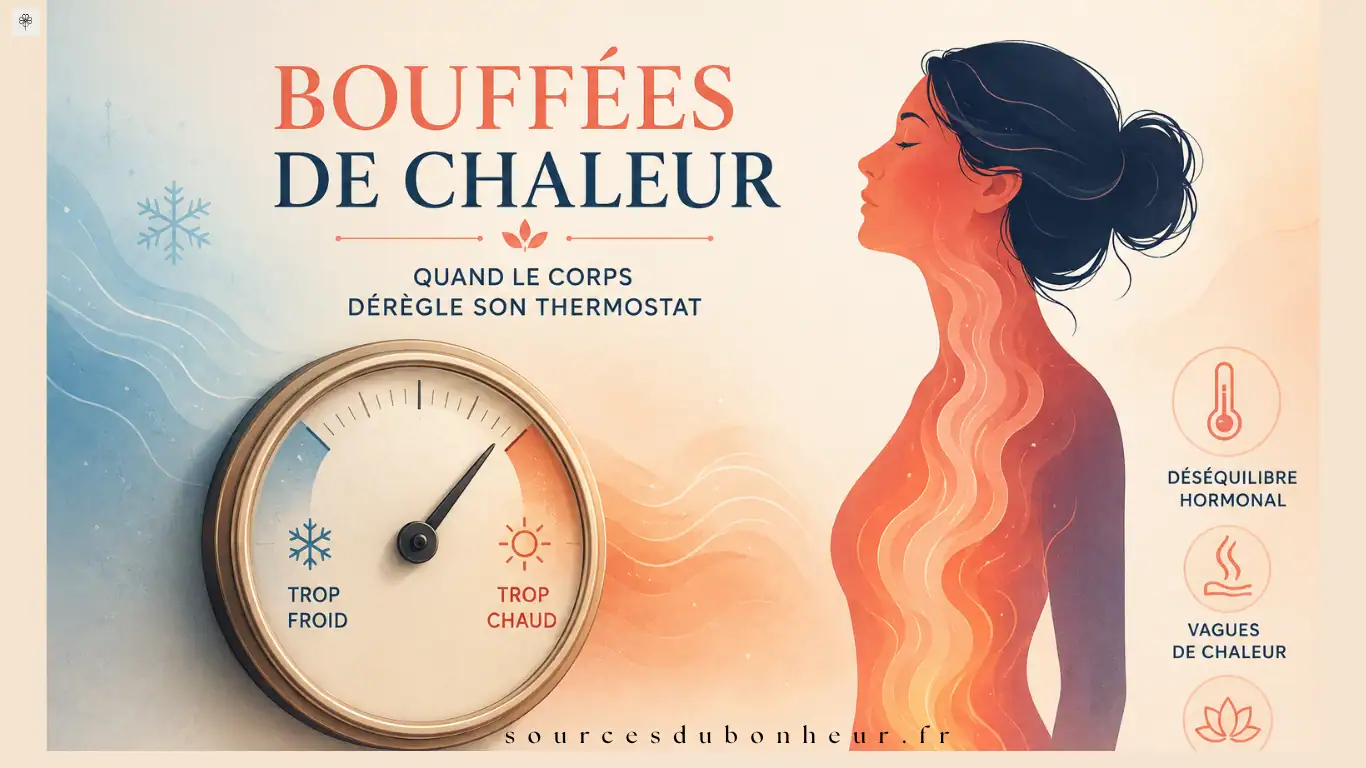 Infographie expliquant les bouffées de chaleur en perimenopause : dérèglement du thermostat interne, déséquilibre hormonal et vagues de chaleur