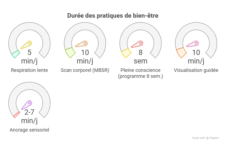 Métriques visuelles montrant la durée recommandée des pratiques de bien‑être : respiration lente 5 min/j, scan corporel 10 min/j, pleine conscience 8 semaines, visualisation guidée 10 min/j, ancrage sensoriel 2–7 min/j