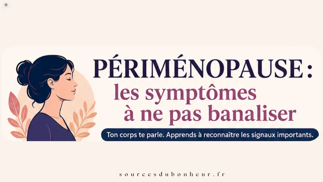 Illustration douce d’une femme de profil entourée de feuilles, avec le titre “Périménopause : les symptômes à ne pas banaliser”, pour sensibiliser aux signaux importants à reconnaître.