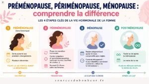 Infographie expliquant la différence entre préménopause, périménopause, ménopause et postménopause