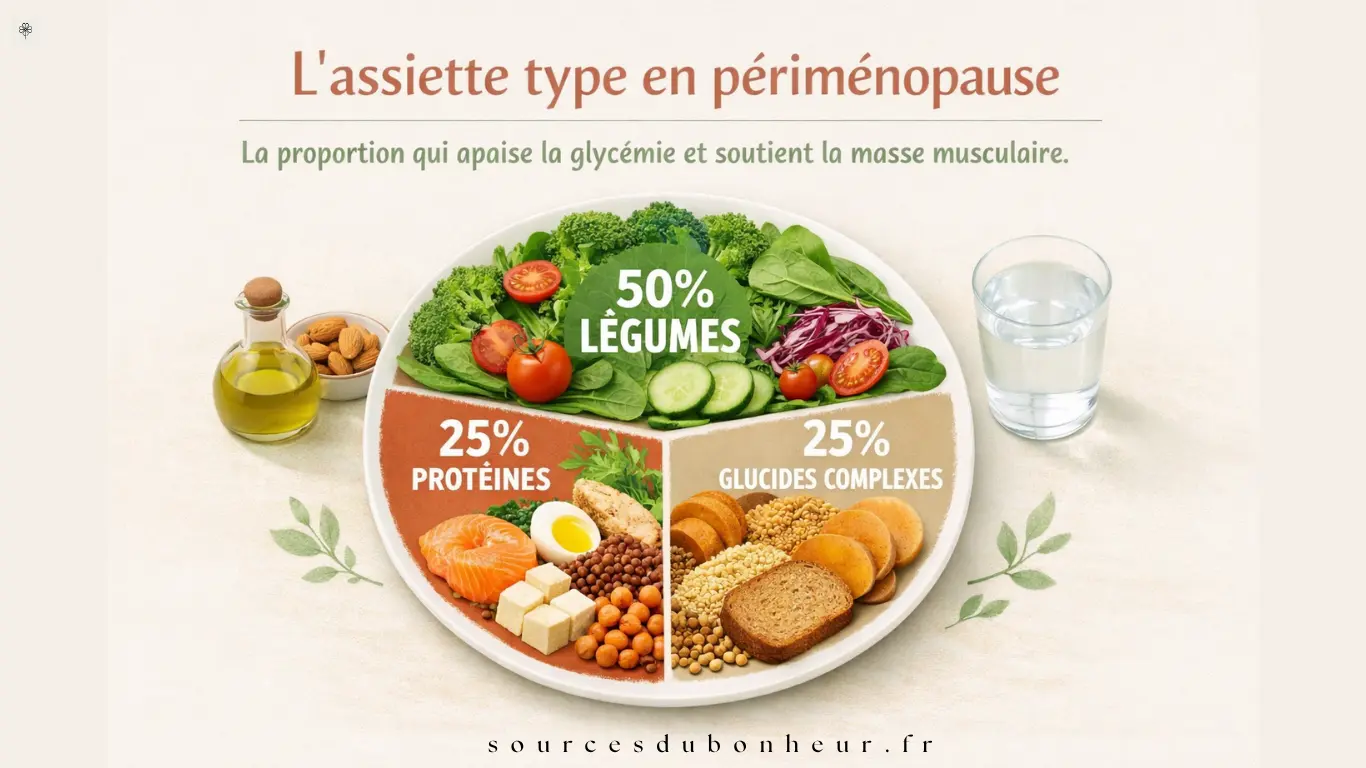 nfographie horizontale illustrant une assiette équilibrée pour la périménopause : 50 % légumes, 25 % protéines, 25 % glucides complexes, huile d’olive et verre d’eau sur fond beige