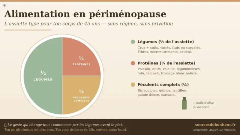 Assiette type de l'alimentation en périménopause : moitié légumes, un quart protéines, un quart féculents complets, avec huile d'olive ou colza -sourcesdubonheur.fr