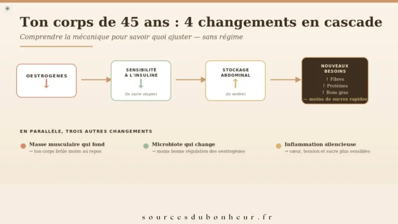 Infographie en français montrant les changements hormonaux et métaboliques à 45 ans : baisse des œstrogènes, baisse de la sensibilité à l’insuline, augmentation du stockage abdominal et nouveaux besoins nutritionnels qui nécessitent un changement d'alimentation en périmenopause -sourcesdubonheur.fr