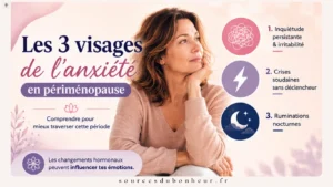 Infographie présentant les trois formes d’anxiété en périménopause : inquiétude persistante, crises soudaines et ruminations nocturnes, avec une silhouette de femme assise, dans un style pastel