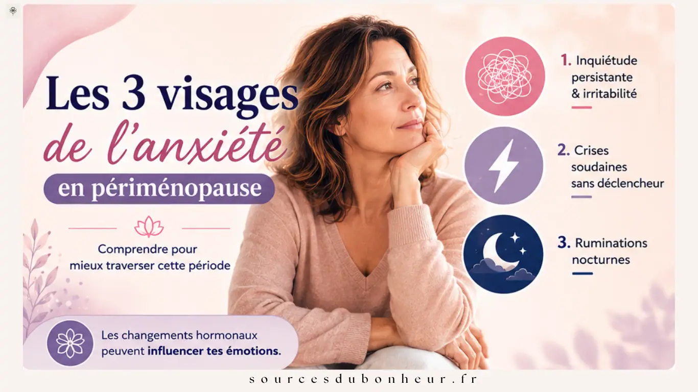 Infographie présentant les trois formes d’anxiété en périménopause : inquiétude persistante, crises soudaines et ruminations nocturnes, avec une silhouette de femme assise, dans un style pastel