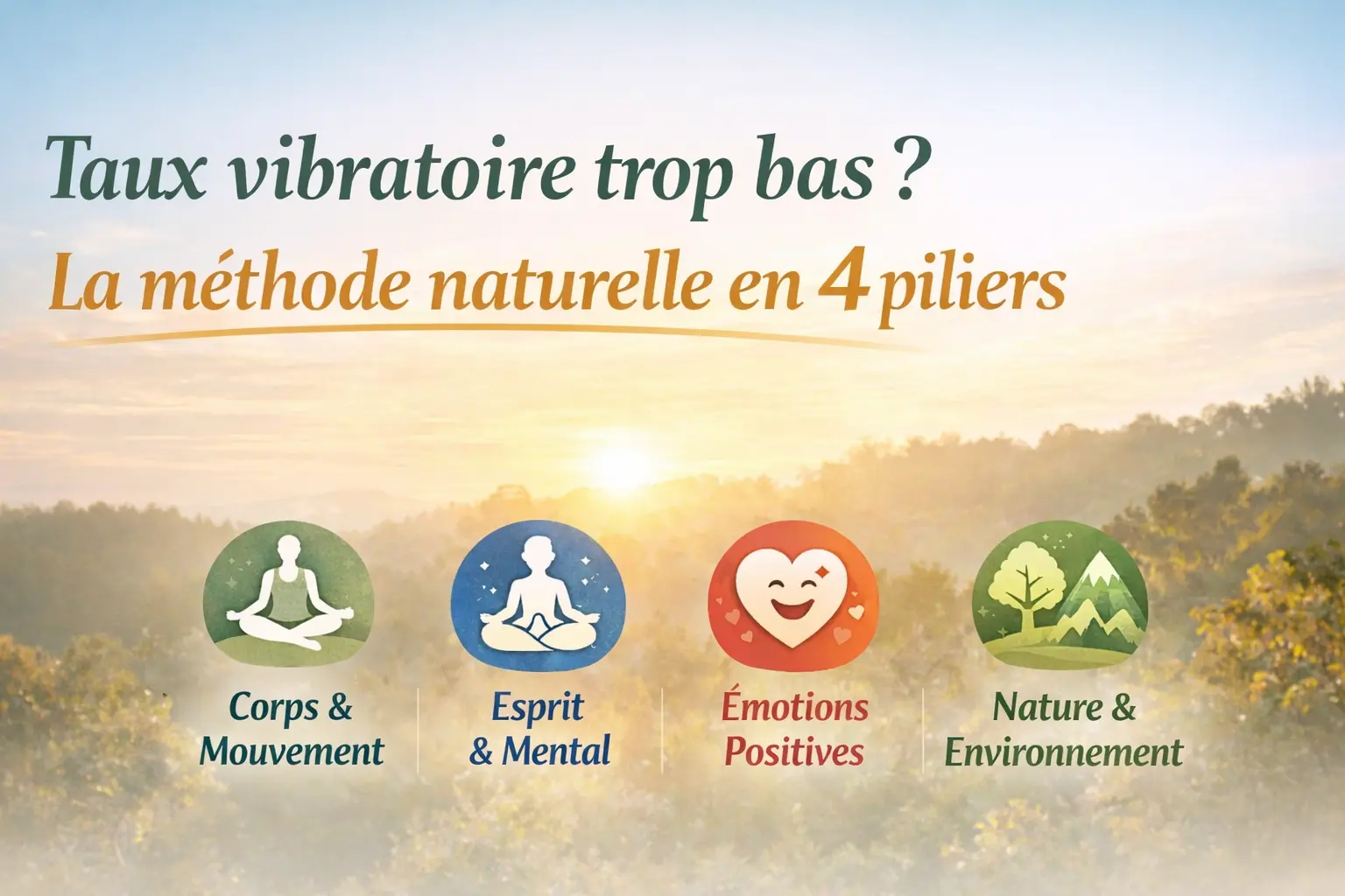 Paysage naturel au lever du soleil illustrant la méthode en 4 piliers pour augmenter son taux vibratoire