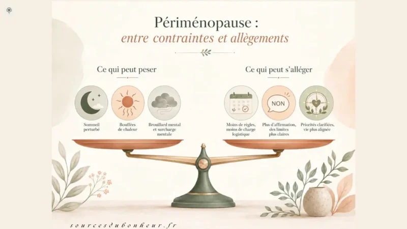 Périménopause : entre contraintes et allègements Balance illustrant les contraintes possibles de la périménopause, comme le sommeil perturbé, les bouffées de chaleur et le brouillard mental, face aux allègements possibles comme moins de règles à gérer, des limites plus claires et des priorités recentrées