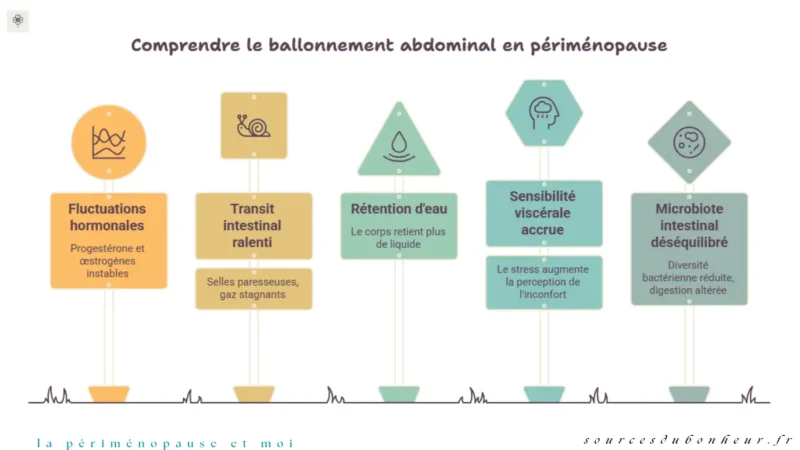 Infographie listant les causes du ballonnement abdominal : fluctuations hormonales, transit ralenti, rétention d’eau, stress et microbiote déséquilibré avec des symboles pour chaque thème