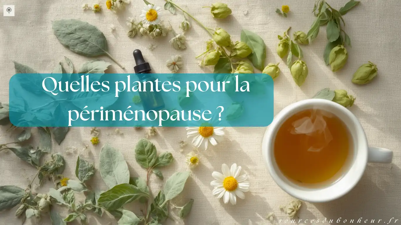 Composition à plat de plantes médicinales, fleurs et tasse d’infusion sur fond clair pour illustrer les plantes utiles en périménopause