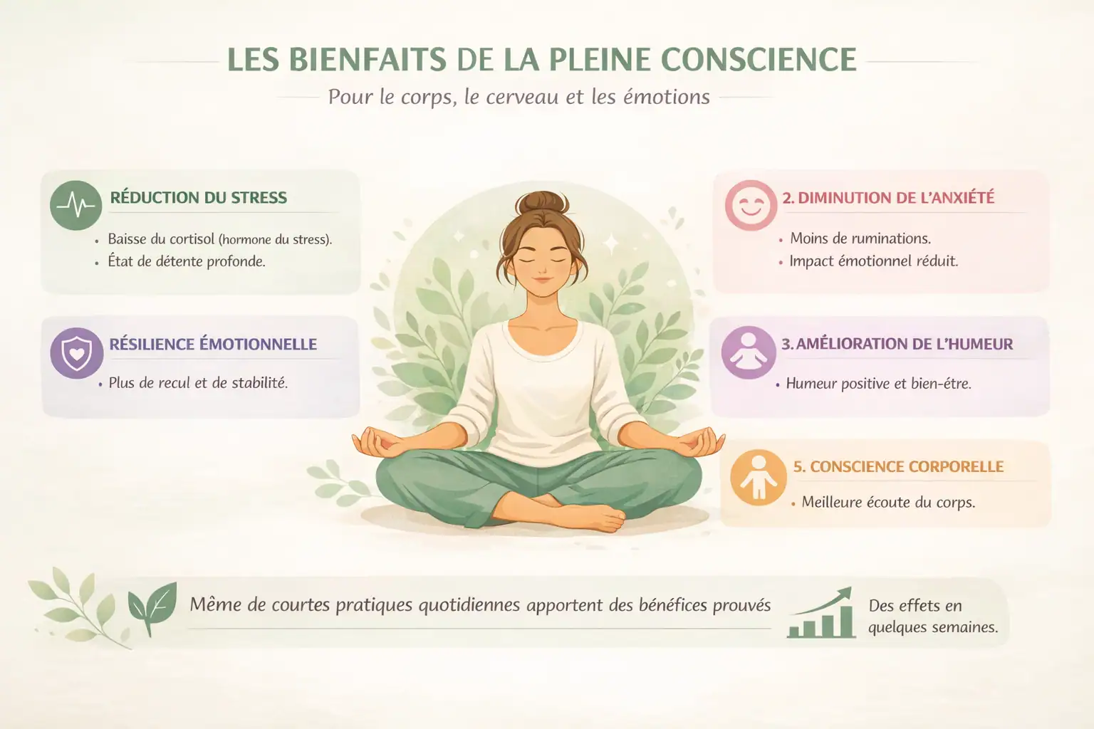 Infographie horizontale illustrant les effets scientifiquement prouvés de la pleine conscience : réduction du stress, diminution de l’anxiété, amélioration de l’humeur, résilience émotionnelle et conscience corporelle