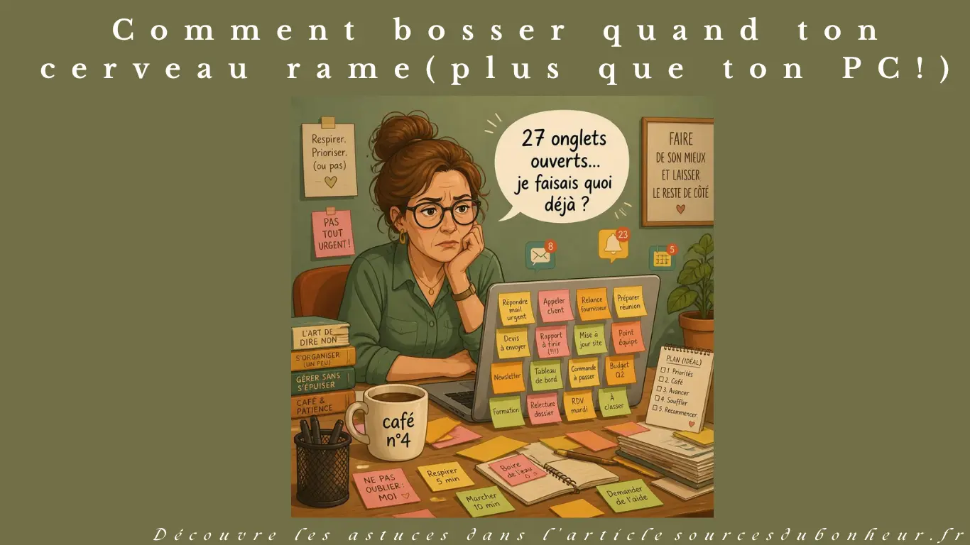 Illustration humoristique d’une personne débordée devant un ordinateur rempli de post‑its, symbolisant la surcharge mentale et les difficultés de concentration au travail.