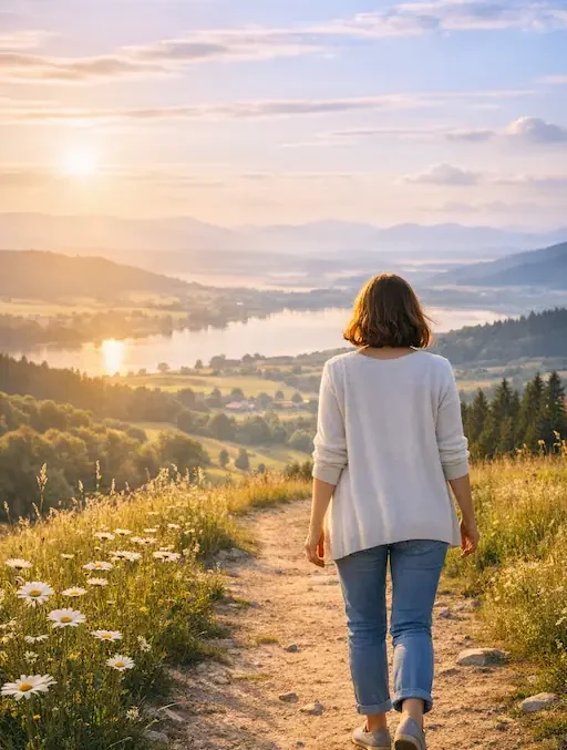 Femme de 40 ans marchant sur un chemin au lever du soleil, symbole de transformation douce