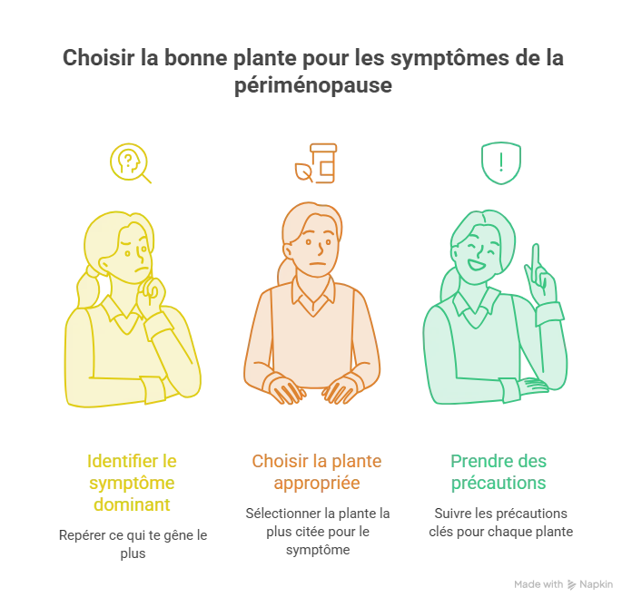 infographie montrant 3 personnes qui réflechissent pour choisir la plante adaptée au symptôme de la périménopause
