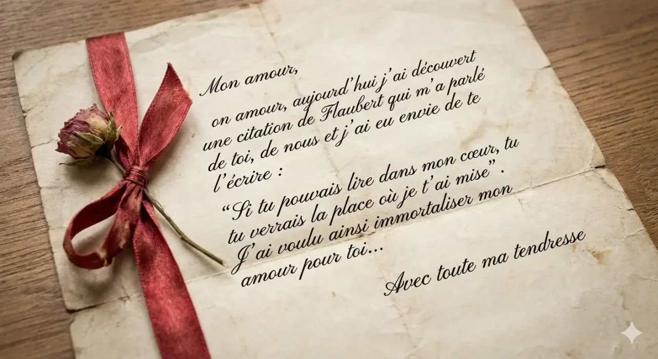 « Lettre d'amour manuscrite sur papier ancien avec ruban rouge et rose séchée, reprenant la citation de Gustave Flaubert : "Si tu pouvais lire dans mon cœur, tu verrais la place où je t'ai mise". »