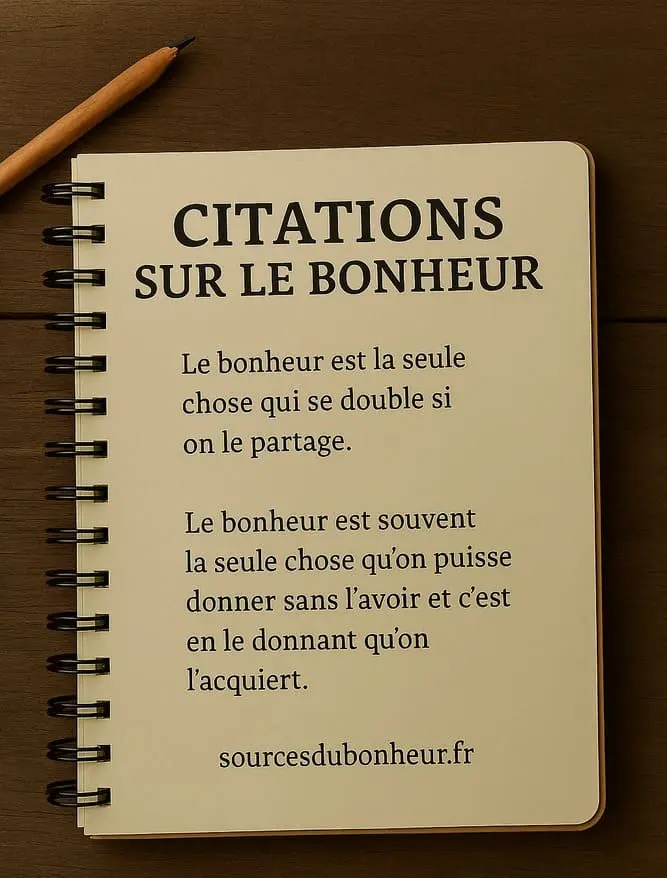 Carnet ouvert avec deux citations inspirantes sur le bonheur, posé sur une table en bois