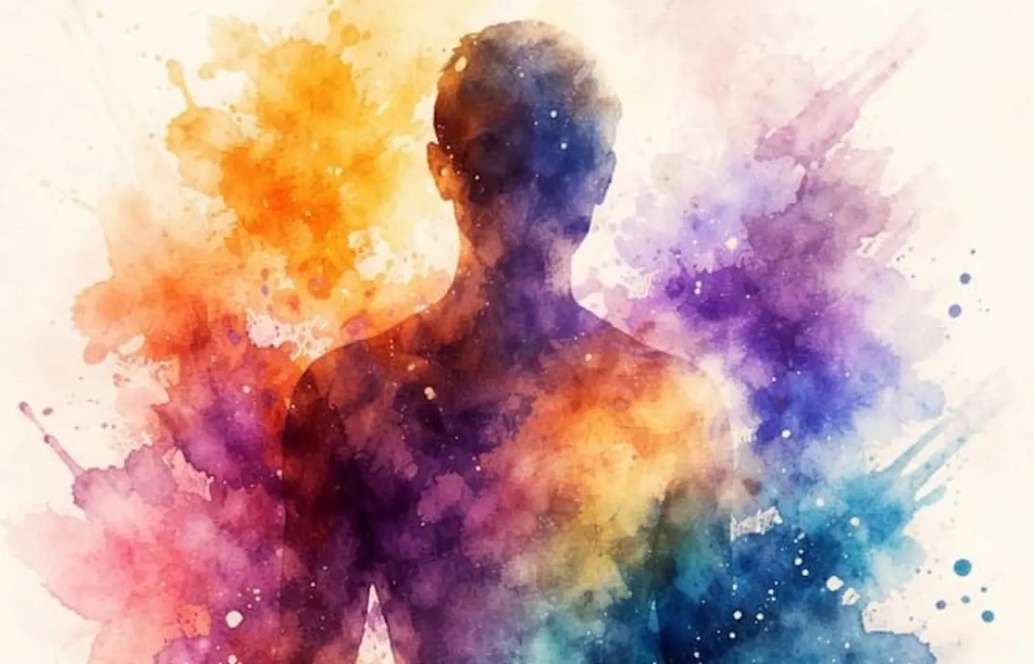 Illustration aquarelle d'une silhouette humaine entourée de couleurs vives symbolisant la diversité et la puissance des émotions humaines.