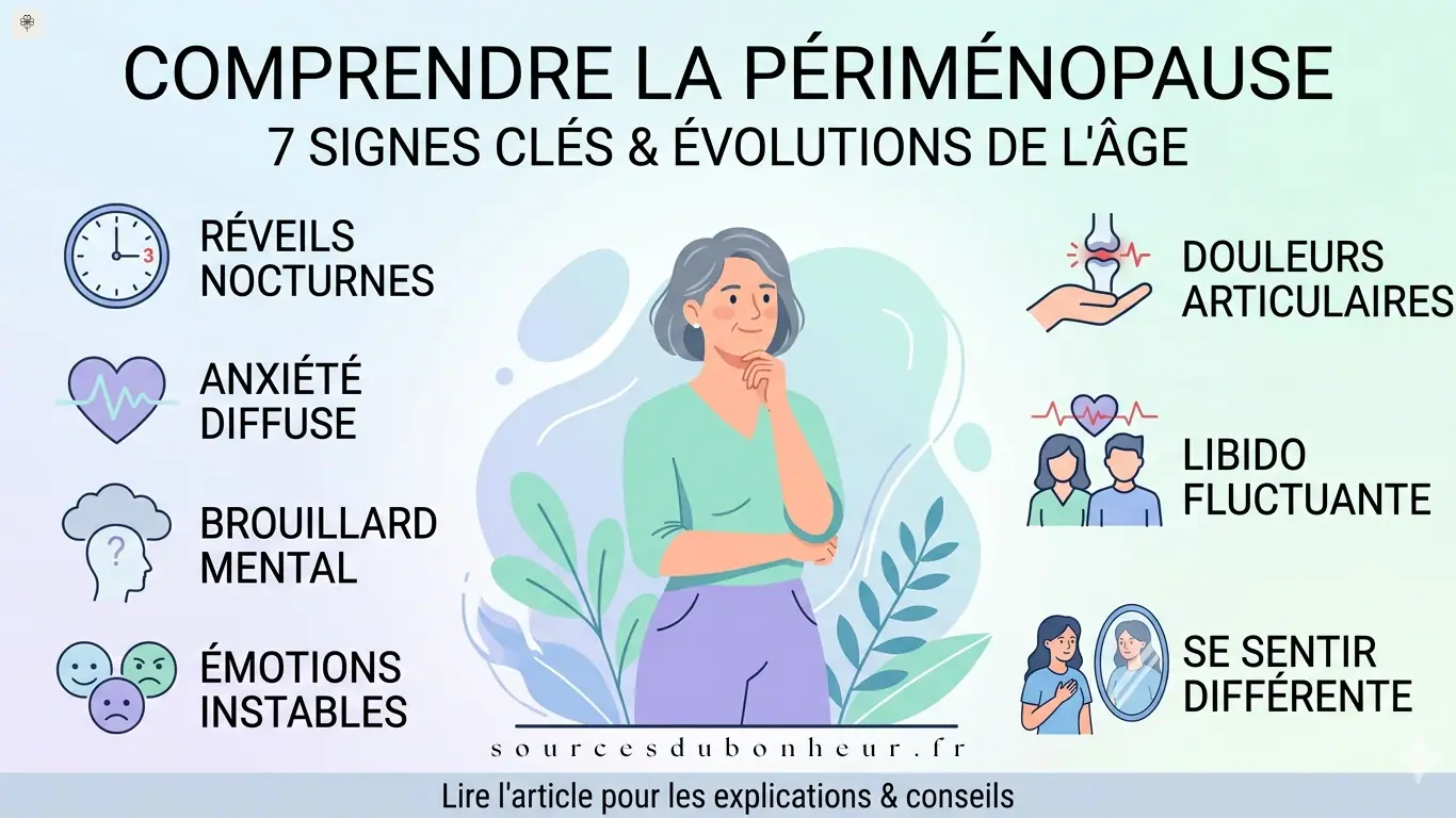 Infographie illustrant 7 signes clés de la périménopause : réveils nocturnes, anxiété, brouillard mental, émotions instables, douleurs articulaires, libido fluctuante et changement de perception de soi