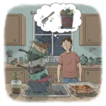 Homme qui réfléchit à laver ou jeter la vaisselle face à une immense pile de vaisselle sale dans la cuisine - illustration humour pour transformer les corvées en moments de bonheur grâce à des défis et des citations