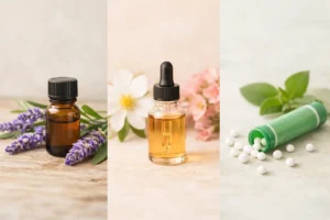 Flacon d’huile essentielle de lavande, compte‑gouttes de fleurs de Bach et tube d’homéopathie sur fond pastel — symboles des approches naturelles pour mieux vivre la périménopause