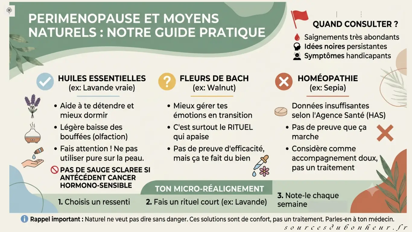 Infographie horizontale résumant le guide pratique de la périménopause et des moyens naturels. Tableau comparatif sur l'efficacité de la lavande vraie (huiles essentielles), des fleurs de Bach et de l'homéopathie, avec rappels de sécurité et signaux d'alerte