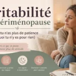 Femme d’environ 45 ans assise seule dans son salon, illustrant l’irritabilité et le manque de patience en périménopause