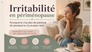 Femme d’environ 45 ans assise seule dans son salon, illustrant l’irritabilité et le manque de patience en périménopause