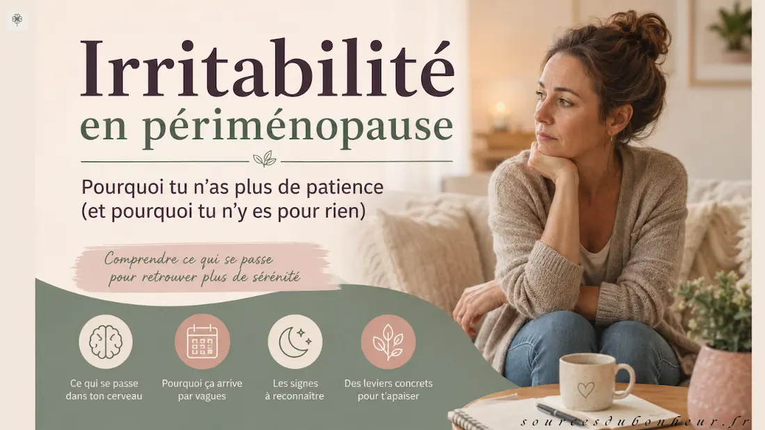 Femme d’environ 45 ans assise seule dans son salon, illustrant l’irritabilité et le manque de patience en périménopause