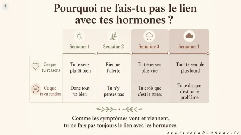 Schéma de l'irritabilité intermittente en périménopause sur un cycle de quatre semaines