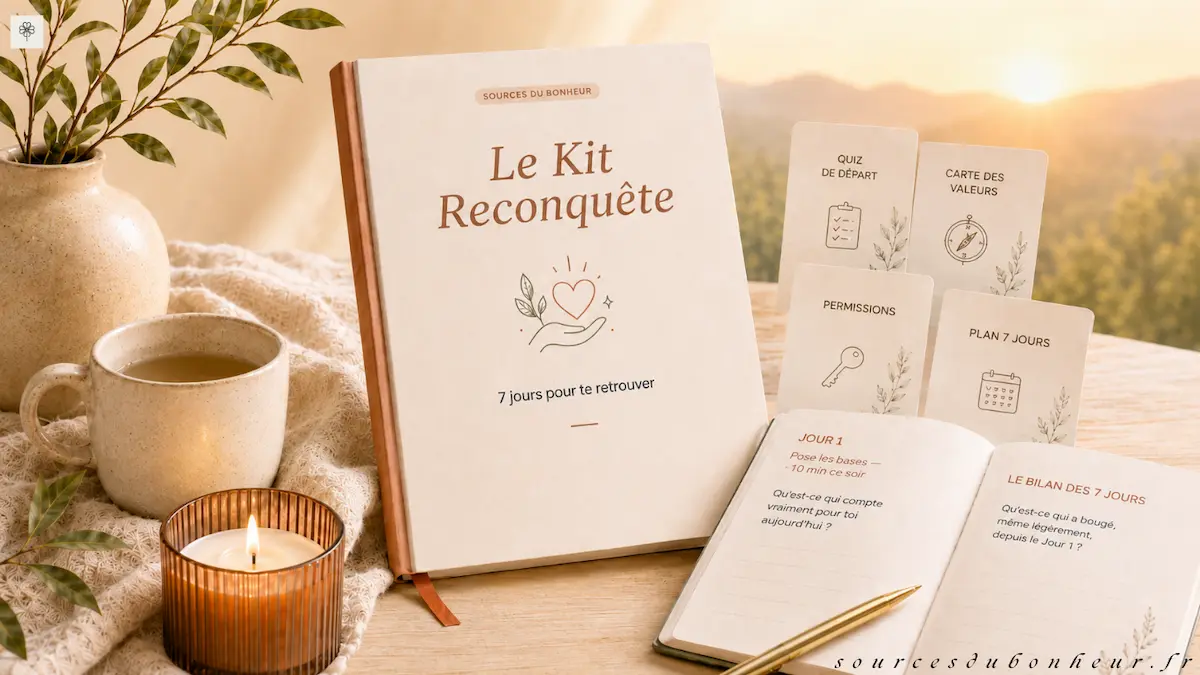 Le Kit Reconquête, guide PDF de 14 pages, avec ses fiches Quiz de départ, Carte des valeurs, Permissions et Plan 7 jours