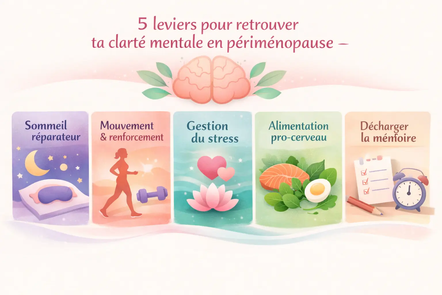 Infographie pastel illustrant les 5 leviers pour retrouver la clarté mentale en périménopause : sommeil réparateur, mouvement, gestion du stress, alimentation pro‑cerveau et décharge mentale.