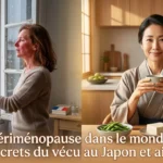Périménopause dans le monde : une femme en bouffée de chaleur à Paris face à une Japonaise sereine avec tofu, edamame et thé