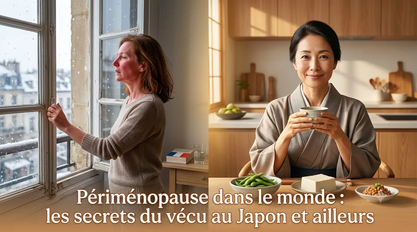 Périménopause dans le monde : une femme en bouffée de chaleur à Paris face à une Japonaise sereine avec tofu, edamame et thé