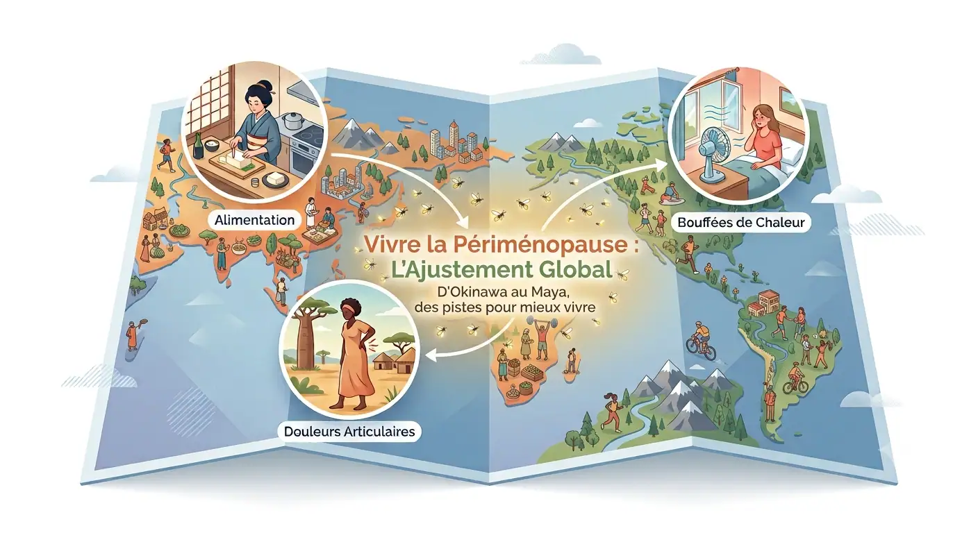 Carte du monde des approches de la périménopause : alimentation au Japon, bouffées de chaleur en Occident, douleurs articulaires en Afrique