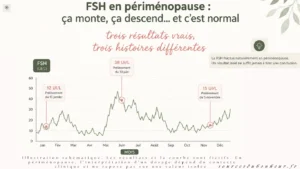 Courbe en dents de scie montrant trois prélèvements de FSH très différents au cours d'une même année suite prise de sang pour la menopause