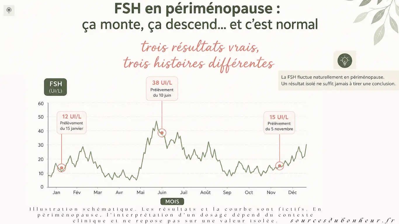 Courbe en dents de scie montrant trois prélèvements de FSH très différents au cours d'une même année suite prise de sang pour la menopause
