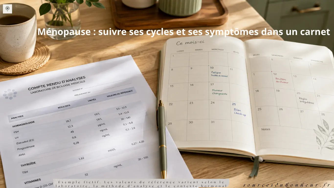 Compte rendu d'analyses de laboratoire posé à côté d'un agenda ouvert et d'un stylo sur une table de cuisine pour illustrer un article sur l'utilité de la prise de sang en perimenopause par rapport à la surveillance de symptomes