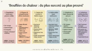 Infographie en six blocs classant les solutions contre les bouffées de chaleur du plus surcoté au plus prouvé : remèdes populaires sans preuve, plantes et compléments, gestes de confort, aides indirectes, approches validées comme TCC et hypnose, et solutions médicales comme le THM et le fézolintant
