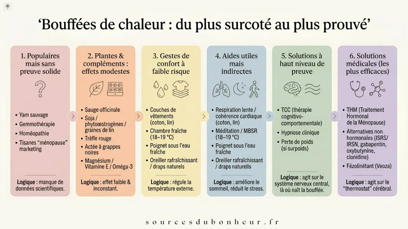 Infographie en six blocs classant les solutions contre les bouffées de chaleur du plus surcoté au plus prouvé : remèdes populaires sans preuve, plantes et compléments, gestes de confort, aides indirectes, approches validées comme TCC et hypnose, et solutions médicales comme le THM et le fézolintant