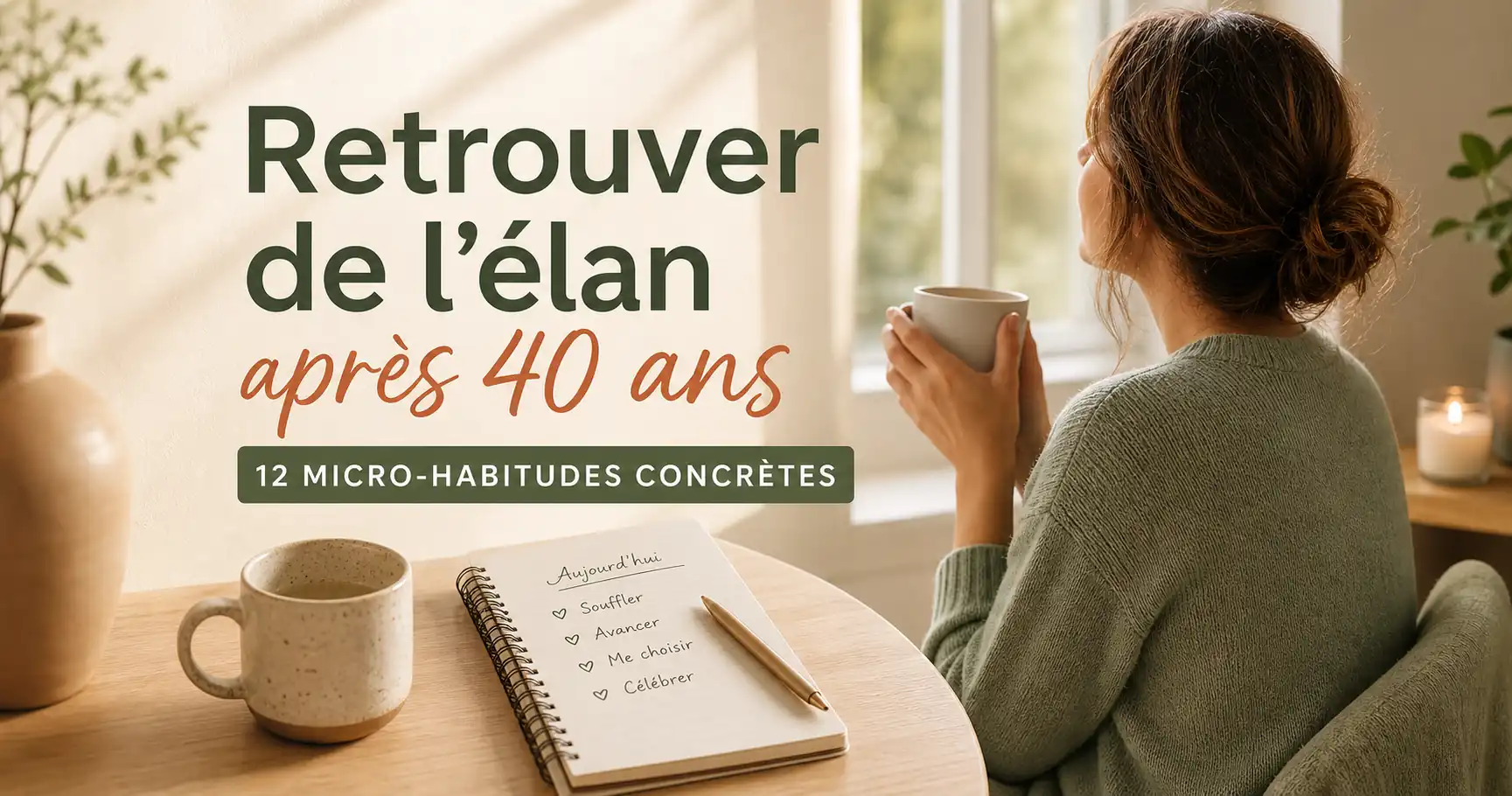 Femme de dos dans une ambiance matinale chaleureuse avec tasse de café et carnet, illustrant comment retrouver de l’élan après 40 ans avec des micro-habitudes