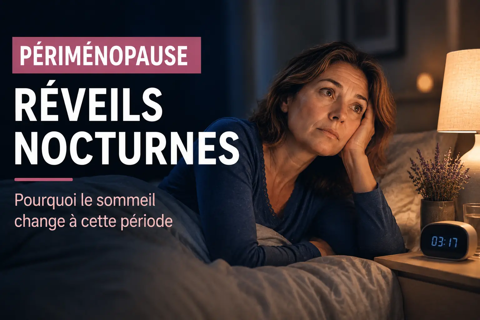 Femme éveillée dans son lit pendant la nuit, illustrant les réveils nocturnes en périménopause