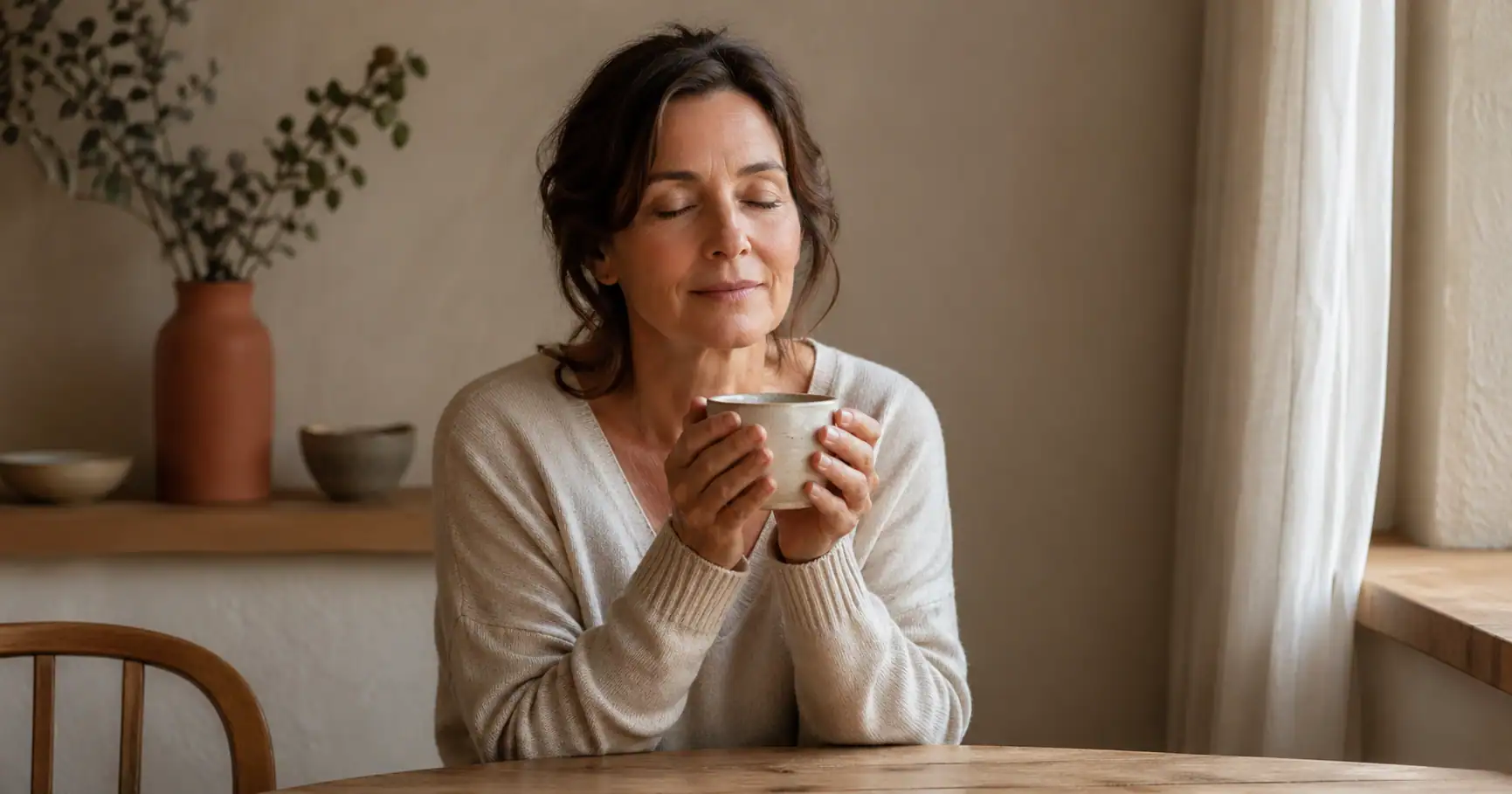 se recentrer quand on se sent perdue — femme sereine les mains autour d'une tasse