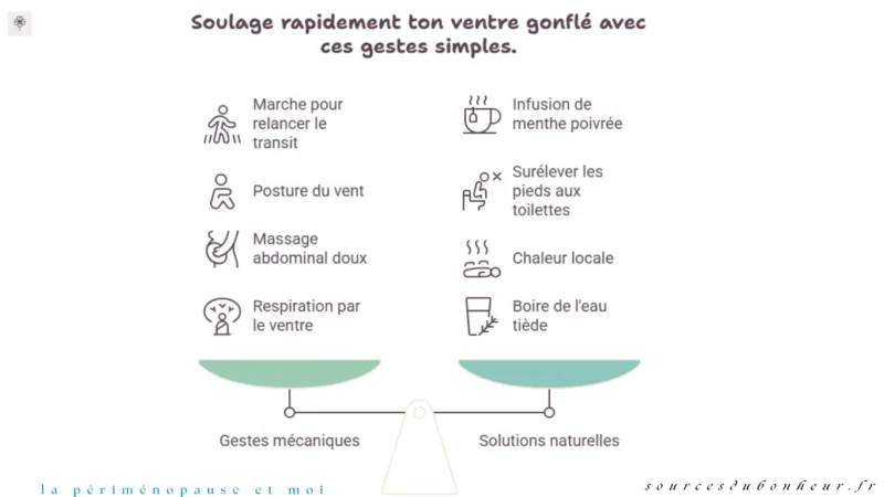 soulager-ventre-gonflé-perimenopause visuel representant une balance simplifiée avec sur le coté gauche les gestes mecaniques pour soulager le ventre gonflé en perimenopause et sur le coté droit de la balance les solutions naturelles