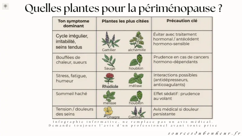 Infographie présentant les plantes les plus citées selon les symptômes de la périménopause, avec les précautions associées