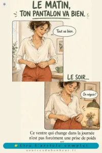 ventre gonflé ménopause ou périménopause Mini-BD humoristique en deux cases montrant la même femme dans son jean : le matin, le pantalon dit « Tout va bien » ; le soir, le bouton tendu demande « On négocie ? ». Le visuel précise qu’un ventre qui change dans la journée n’est pas forcément une prise de poids, l'article associé fait le lien potentiel avec les hormones de la ménopause et périménopause